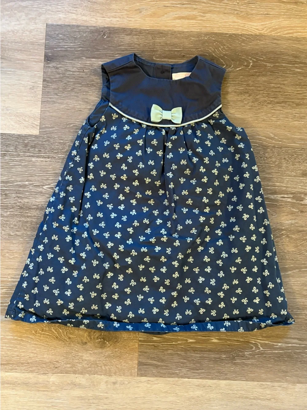 Janie and Jack Navy Dress with Light Green Bow and Floral Accents